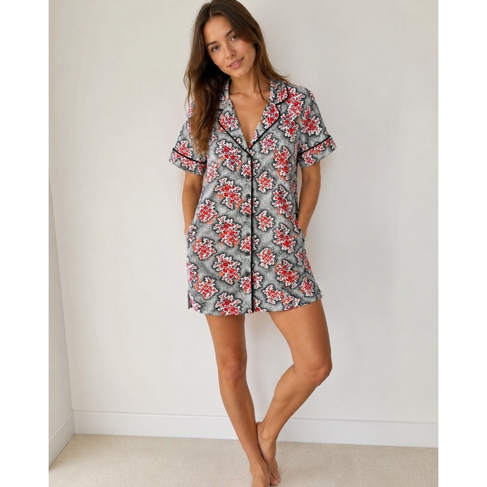 Topshop Red Floral Button Down Shirt Dress Short Sleeve Notch Lapel US 6 New